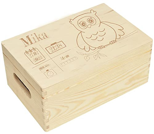 CHICCIE Holzbox Personalisiert zur Geburt Eule - 30x20cm Aufbewahrungsbox