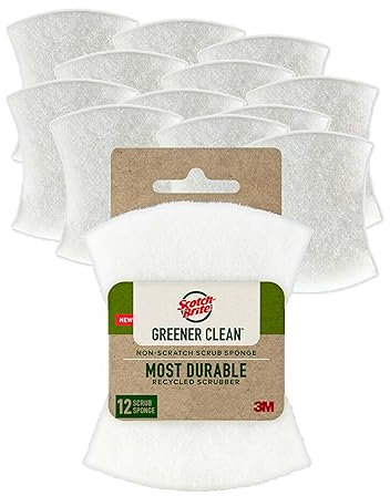 Scotch-Brite Greener Clean - Esponja Exfoliante antiarañazos para Lavar Platos, Limpieza de Cocina, Rendimiento Superior y Fabricada con Materiales sostenibles, Apta para lavavajillas, 12 esponjas