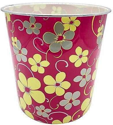 Homeshopa Plastic Waste Paper Basket Bin, Floral Retro Round Trash Can, Lightweight Recycling Rubbish Bin for Kitchen, Bedroom, Bathroom, Open-Top Garbage Dustbin, 7.7 Litre (Pink Floral 2)