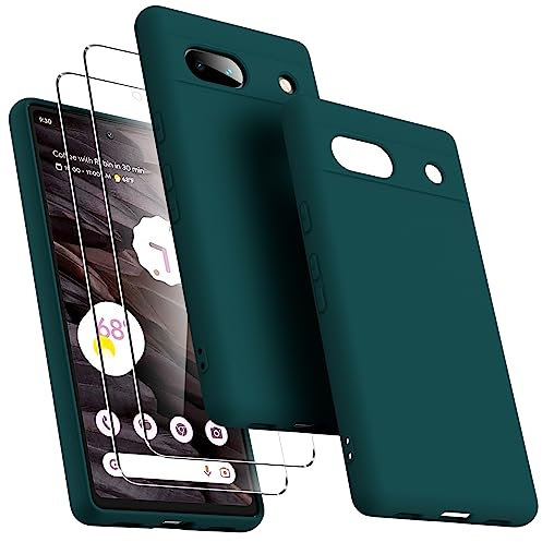 Oududianzi Coque pour Google Pixel 7a avec 2 protecteurs d'écran en Verre trempé, Housse de téléphone protectrice Slim en Silicone Liquide Antichoc pour Femmes/Hommes - Vert Nuit