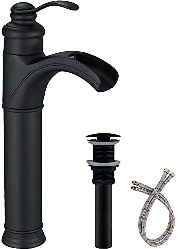 Grifo negro para baño, grifo para lavabo, cascada, negro mate para 1 orificio para fregadero, montaje en cubierta con montaje de desagüe emergente, casa de campo, manija única, manguera de suministro