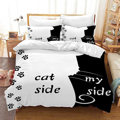 UGZDEA Katze und Meine Seite drucken Bettwäsche Set 135x200cm, Bettwäsche 3 Stück Set Schwarz Weiß Weiches Mikrofaser Steppbrett Set für Erwachsene Schlafzimmer Dekoration (B, Single(135x200cm))