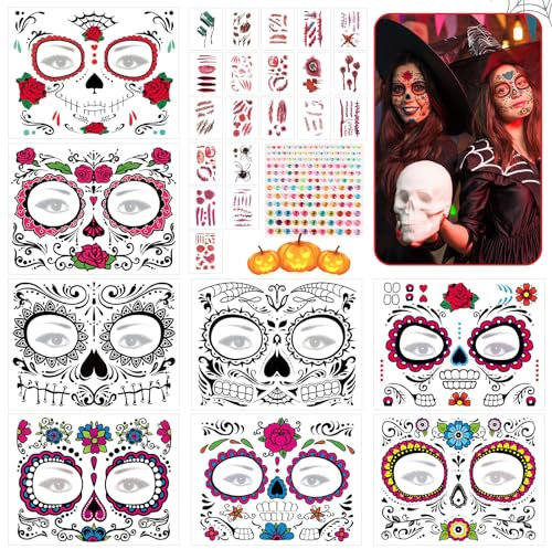 ARONRAVE Halloween Tattoos Gesicht, Tag Der Toten Tattoo Dia De Los Muertos Halloween Gesichtstattoo Dia De Los Muertos Tattoo Gesicht FüR Karneval Mottoparty Maskerade