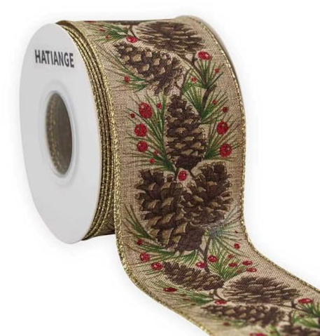 HATIANGE Jute Swirl Pinecone Christmas Burlap Wired Ribbon, 2-1/2 Inch x 11Yards, for Xmas Home Decor, Gift Wrapping, Bow Making, Wreath, DIY Crafts
