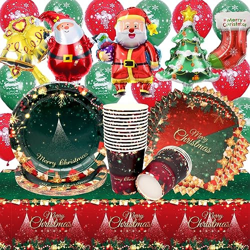 Doyomtoy Vaisselle de Fête de Noël,70 Pièces Noël Vaisselle Kit Assiettes de Noël Serviettes Tasses Ballons de Noël pour Fête à Thème à Noël Décorations