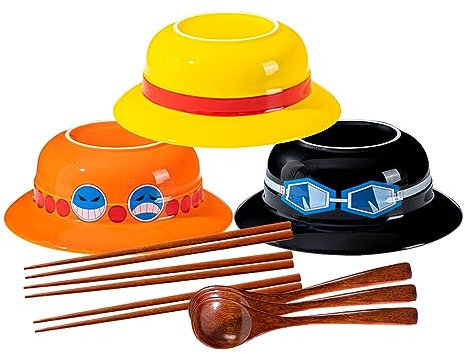 DVJEPJ Straw Hat Ramen Bowl Set (3 PCS - Ceramic Bowl + Wooden Spoon + Chopsticks) for Anime Fans