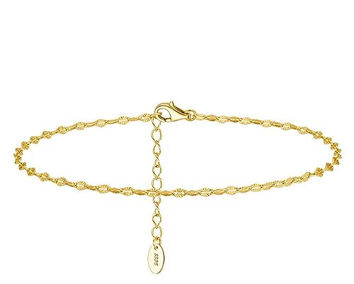 Mesnt Fußkettchen Damen, 925 Sterling Silber Bohnenkette Fußkettchen Elegant 22+5cm für Frauen Gold