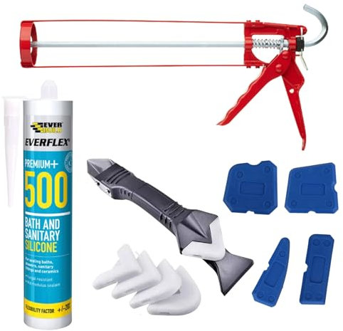 Everbuild Anti Mould Silicone Bathroom Sealant Bundle - White 295ml, Gun, Removal & Smoothing Tool Kit