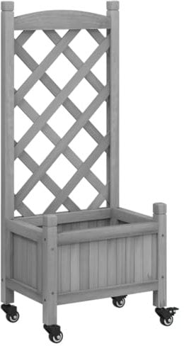 vidaXL Planter with Trellis and Wheels Grey Solid Wood Fir