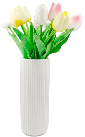 Vaso in ceramica, alto 20 cm, a coste, moderno, decorativo per erba della pampa, vaso boho per casa, soggiorno, tavolo da pranzo, ufficio, decorazione (bianco)