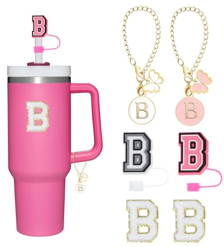 Reusable Straw Cover for Stanley Cup Accessories, 2Pcs Dustproof Straw Covers with Letter Charms and Personalized Name Stickers(B)