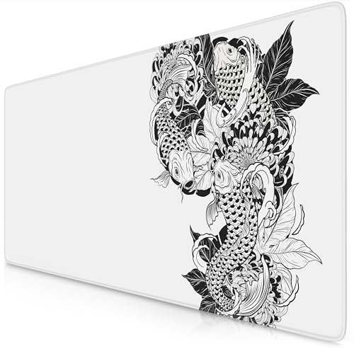 TITANWOLF - XXL Mouse Mat - Mouse Pad 900 x 400 x 3mm –Speed Gaming Mouse Pad - Extra Large MousePad - Table Mat Large Size - Improved Precision and Speed – Koi Tattoo 3 White