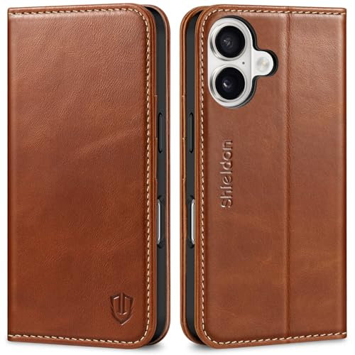 SHIELDON Case for iPhone 16 6.1 5G, Genuine Leather Wallet Case with [Kickstand][RFID Blocking][Card Holder][Shockproof TPU Inner Shell] Magnetic Flip Case Compatible with iPhone 16 - Retro Brown