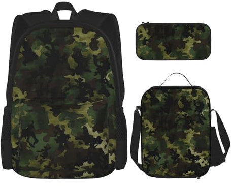 Dwrepo 3-teiliges Rucksack-Set mit Lunch-Tasche, Stiftebox, Camouflage-Muster, Reiserucksack, große Kapazität, Laptop-Rucksack für Männer und Frauen, lässige Tagesrucksäcke, Lunchbox, Stifteetui, 3-in