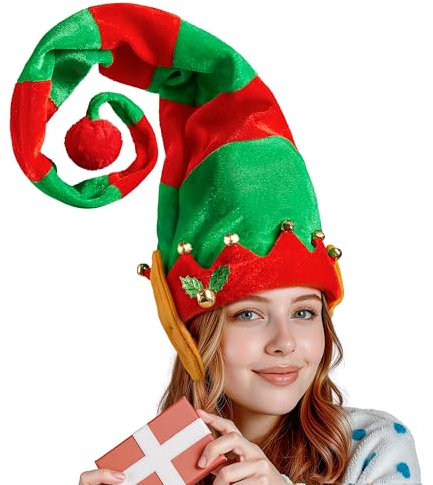 Giggling Getup Unisex-Weihnachtsmütze, Elfenmütze mit roten und grünen Streifen, Mützen für Erwachsene und Kinder, warme Mützen für Weihnachtsgeschenke