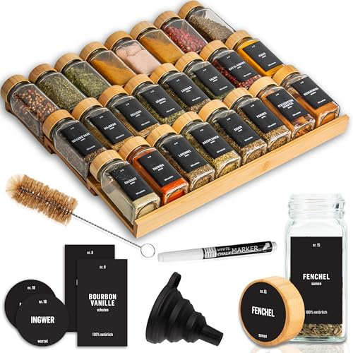 Deco haus® Cassetto portaspezie in bambú [CON 24 BARATTOLI PER SPEZIE ED ETICHETTE] - Organizer Spezie - Portaspezie Salvaspazio - Organizer Cassetti cucina