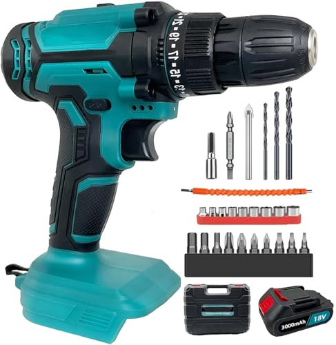 Cordless Drill Driver 21V, Cordless Hammer Drill with 2pcs 3000mAh Batteries, 25+1 Torque, 42N.m Max,2 Speed, LED Light,6 PCS Kit for Home and Garden DIY Project