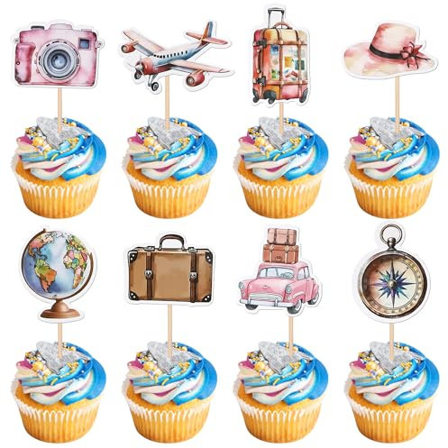 40 Pack Travel Theme Cupcake Toppers Double Sided Let the Adventure Begin Compass Map Luggage Airplane Cupcake Picks for Travel Around the World Birthday Going Away Party Cake Decorations