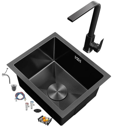 Fregadero de barra de acero inoxidable negro con grifo negro, fregadero de cocina con accesorios completos, 38 x 30 cm