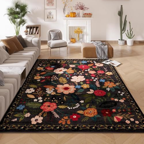Sedefen Teppich Schwarz 140x200 cm Kurzflor Blumen Boho Rutschfester Waschbarer Flauschig Teppich Wohnzimmer Schlafzimmer Kinderzimmer Küche