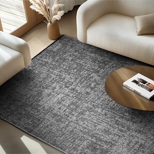 SIMPEX Chenille Teppich Baumwolle Grau 200x290 cm Boho-Stil, Vintage Kelim, Waschbar, Kurzflor, rutschfest & Weich, Einfarbig Meliert, Für Wohnzimmer, Schlafzimmer, Büro & Küche