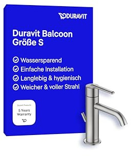 Duravit Balcoon Waschtischarmatur, Größe S (Auslauf Höhe 123 mm), energiesparende Waschbecken Armatur, wassersparender Wasserhahn Bad (MinusFlow), mit Zugstangen-Ablaufgarnitur, Edelstahl Gebürstet