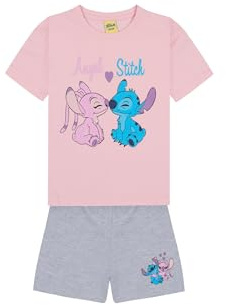 Disney Lilo Und Stitch Schlafanzug Mädchen Kurz | Angel Pyjama Mädchen Rosa Grau | Schlafanzug Kinder | Kurzarm Shorty (DE/NL/SE/PL, Numerisch, 122, 128, Regular, Angel & Stitch)