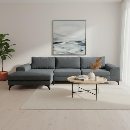Abakus Direct | Venice Corner Sofa – Modern L-Shaped Sofa with Basket Weave Fabric, Scatter Back Cushions, Left or Right Hand Facing – Available in 9 Colours (Blue, Left Hand Facing)