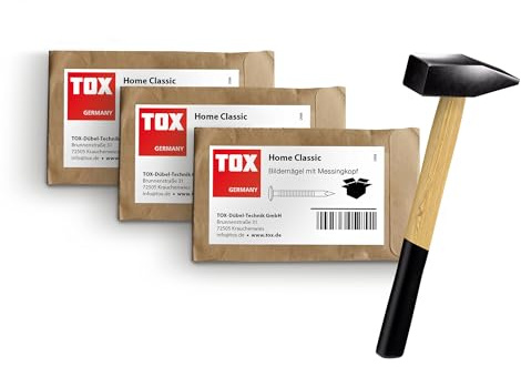 TOX Bildernagel Home Classic i 3 storlekar + låssmedshammare 300 g, spikar av härdat stål med mässingshuvud i återvinningsbar pappersförpackning, storlek 2,0x20/25/30 mm (20 st av varje), 063909001