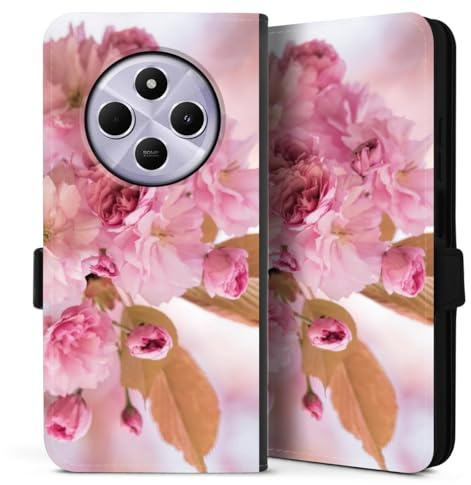 Custodia a portafoglio compatibile con Xiaomi Redmi 14C Custodia per cellulare di similpelle nera Cover a libro Fuori di ciliegia Petali Fioritura