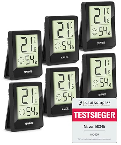 TESTSIEGER FAZ-Kaufkompass – MAVORI® E0345 Digitales Hygrometer Thermometer innen | Präziser Luftfeuchtigkeitsmesser & Raumthermometer für Wohnzimmer, Schlafzimmer, Baby (Schwarz, 6St.)