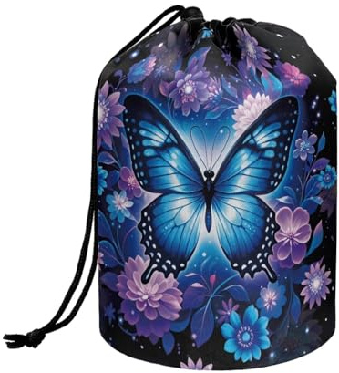 Wnbucioht Butterfly Drawstring Cosmetic Bag for Women Stand up Makeup Bag Cute Axolotl Toiletry Bag Flower Butterflies Travel Makeup Organizer Case Foldable Toiletry Bucket Bags for Women Girls Gift
