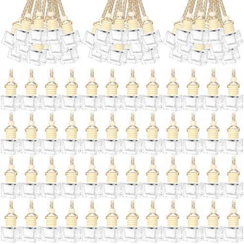 100Pcs Hanging Car Diffuser Bottles Bulk, Refillable (Square, 8 ml) | Empty Clear Glass Essential Oil Air Freshener Diffuser, with Wooden Cap, for Perfume Fragrance Pendant Thank You Gifts