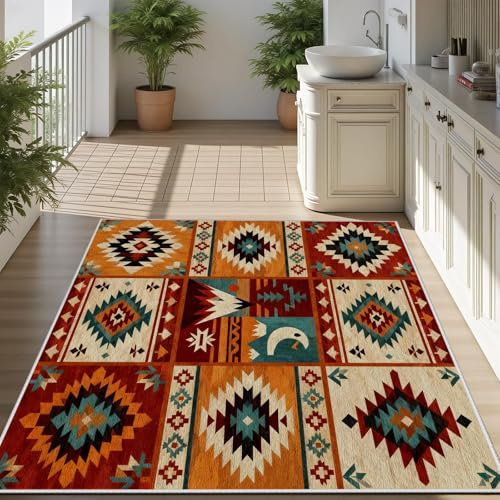 YEGRFJIS Azteken Navajo Fußmatte, Böhmen Südwestliche Indian Tribal Geometrisch Teppich Schlafzimmer, Kurzflor Antirutsch Waschbarer, Wohnzimmerteppich(80x180cm/Multicolor)