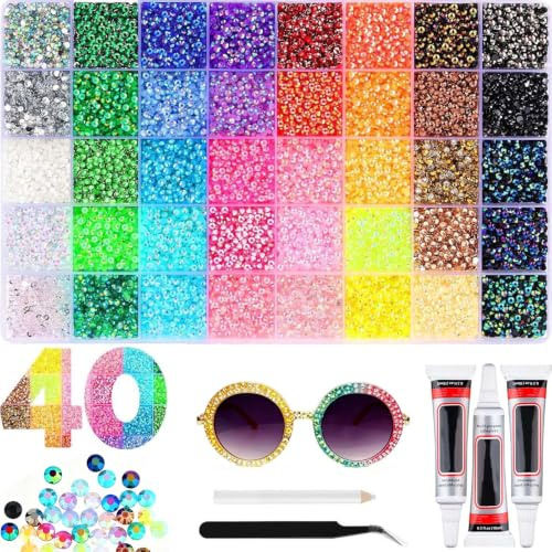 40 Colors Resin Jelly Rhinestones for Bedazzling, Bedazzling Kit with Glue | 3mm 32000 Pcs Flatback Gems for Crafting, Tweezer and Pickup Pen for Clothes Shoes Nail Book Diamond Art