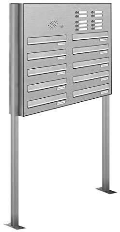 AL Briefkastensysteme 10er Edelstahl Durchwurfbriefkasten mit Klingel, Standbriefkasten modern, 10 Fach Briefkastenanlage V2A Edelstahl Postkasten