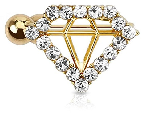 Bungsa Links - OHRKLEMME Ear Cuff im DIAMANT Design gold - mit KRISTALLEN Ohrstecker goldfarben - für Damen, Frauen, Kinder & Herren - Ohrschmuck Klemme mit klaren Steinen