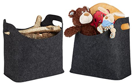 Relaxdays 2er Set Filztaschen, faltbar, flexibel, Griffe, 20 Liter, Filz, Tragetasche, HxBxT: 39,5 x 40 x 23 cm, modern, anthrazit