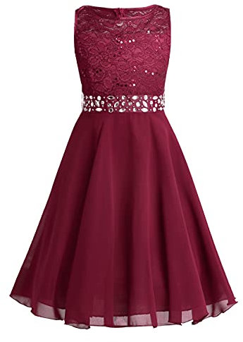 TiaoBug Festlich Mädchen Kleid für Kinder Prinzessin Spitzen Kleider Hochzeit Blumenmädchenkleid 92 104 116 128 140 152 164 Rot 152