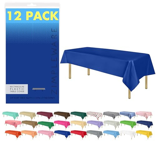 ZIMPLEWARE Blue Standard Disposable Plastic Party Tablecloth [12-Pack] 54 x 108” Rectangle Table Cover For Indoor & Outdoor Use | Rectangle Blue Durable Plastic Table Covers, Disposable Tablecloths, fade and tear-resistent table cover for party, event