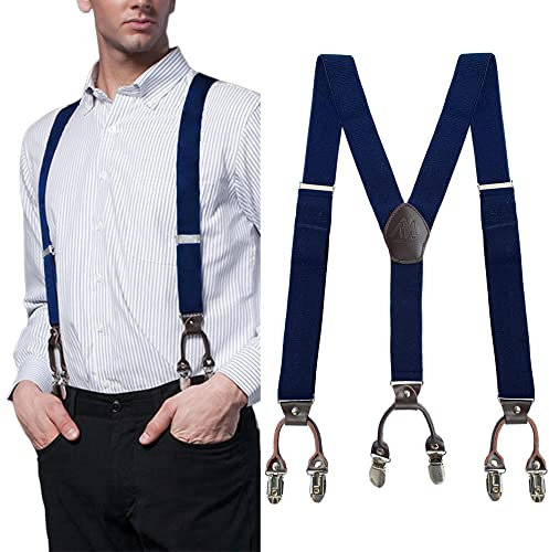 AYAMAYA Hosenträger Herren Blau Breit 3.5CM, Leder 6 Starken Clips in Y-Form Elastisch und Längenverstellbar Hosenträgers