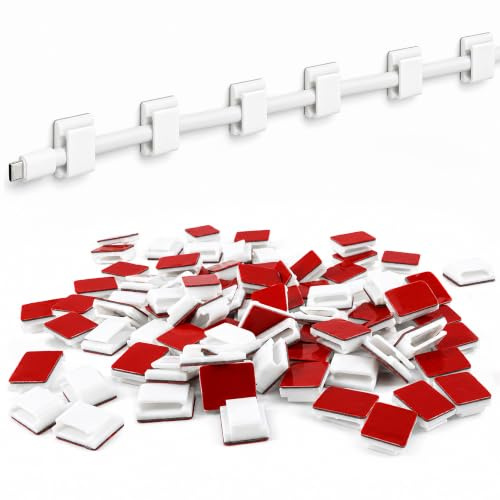 100 Pcs Adhesive Cable Clips for Wall, Cord Organizer and Wire Holder for LED Strip Lights and Cable Management, Outdoor String Light Clips, Under Desk Cord Holder for Home Office, Car, RV, Nightstand