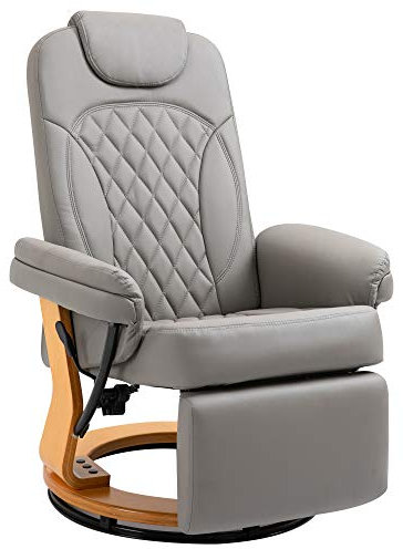 HOMCOM PU Recliner Chair with Footrest, Headrest, Round Wooden Base, Lounge Reading Armchair for Living Room, Bedroom and Office, Grey