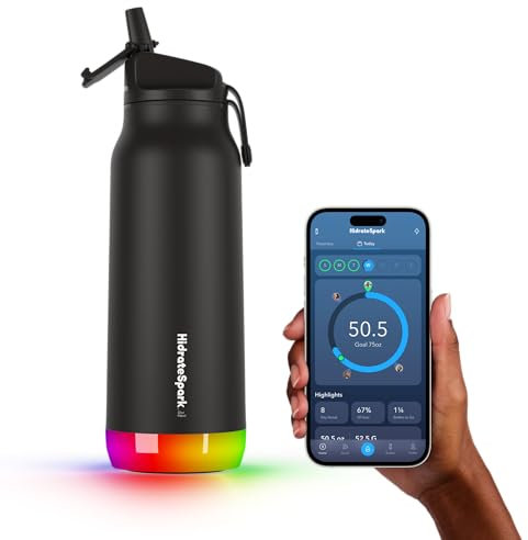 Hidrate Spark PRO intelligente Trinkflasche, Edelstahl. Verfolgt die Wasseraufnahme und leuchtet auf, um dich ans Trinken zu erinnern, Strohhalmdeckel, 597 ml, Schwarz