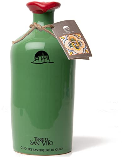 Terre Di San Vito Extra Virgin Olive Oil – Green Terracotta Jar 475ml | 100% Organic and Locally Grown – No Synthetic Fertilizers or Pesticides | Hand-painted Jars – Handmade Storage Vessel