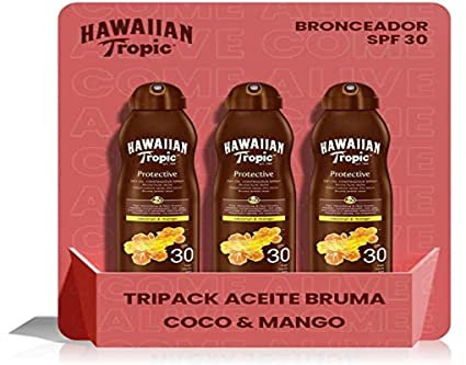 Hawaiian Tropic Protective Bruma Aceite Seco SPF 30 - Tripack Aceite bronceador en spray, Coco y Mango, 180 ml - 3 unidades