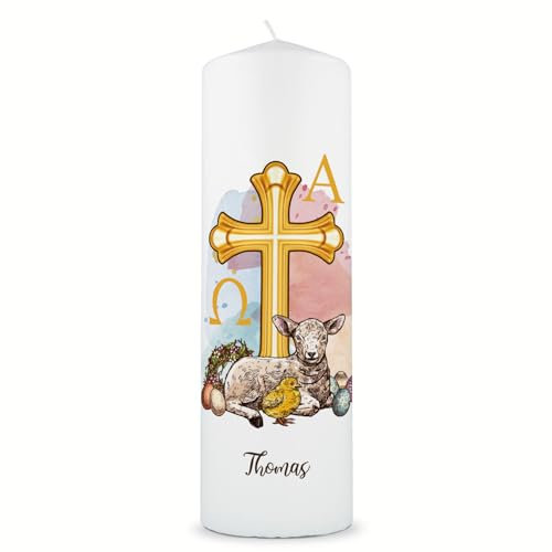 GRAVURZEILE Bedruckte Kerze - Osterkerze Osterlamm - Christliche Kerze mit Alpha & Omega - Personalisiert mit Wunschnamen - Hochwertige Stumpenkerze 250/80 mm - Geschenk zu Ostern Ostergeschenk