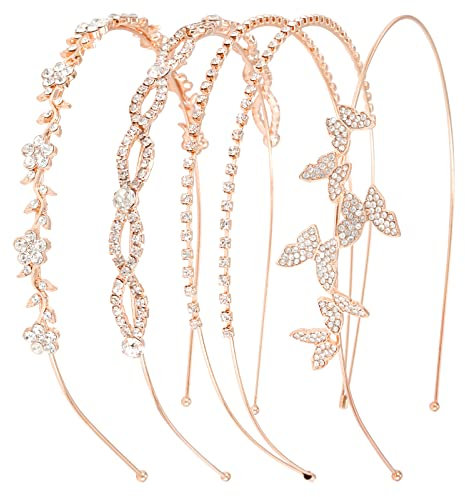 Wecoe 4 Pack Silver Rhinestone Headbands Rose Gold Metal Headbands Flower Girl Bridal Wedding Headband Crystal Headpieces Flower Leaf Butterfly Headband Formal Hair Accessories For Women Girls Gifts
