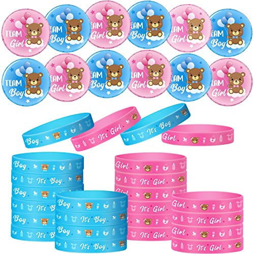 48 Stück Gender Reveal Spiel Set mit 24 Geschlecht Offenbaren Anstecknadeln 24 Geschlecht Verkünden Silikon Armbänder Rosegold Team Girl Boy für Baby Party (Blau, Rosa, Bär)