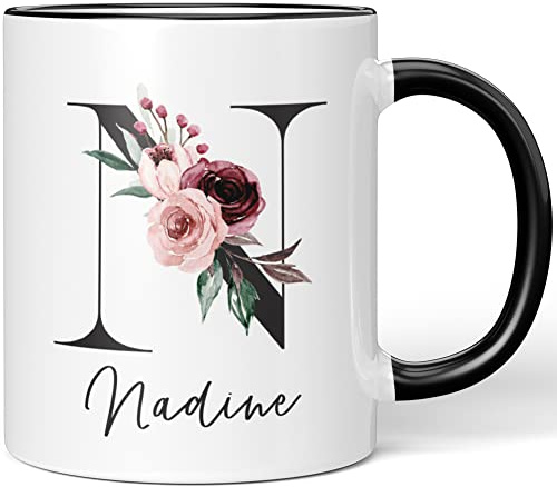 JUNIWORDS Tasse, Nadine, Name Anfangsbuchstabe Initial Alphabet Floral Buchstabe N Monogramm Motiv, Keramik, Schwarz (5590803)